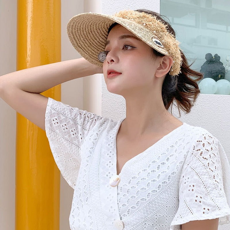 2020 Ins Pearl Panama Women's Summer Hats Visors Raffia Straw Hat